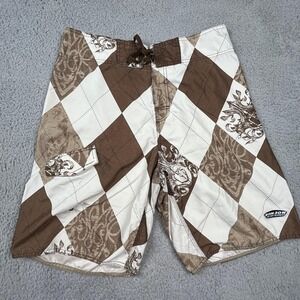 Ron Jon Surf Shop Shorts Mens 34 Brown White Plaid Boardshorts Swim Trunks Beach
